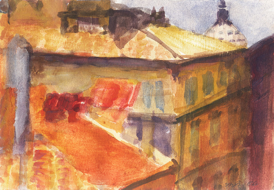 View from the studio, Via di Monti Giordano, Roma - Watercolor - 4in x 6in - 1986